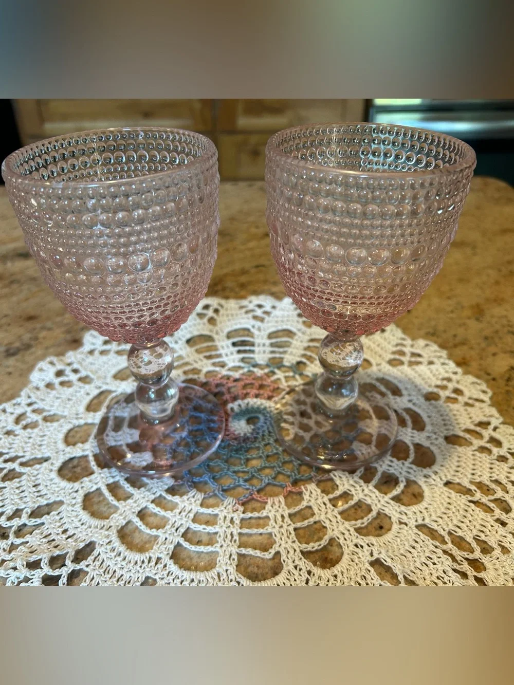 Set of 2 Pink Depression Glass Hobnail Bubble Goblets 12oz 6.50” tall 3.5” wide